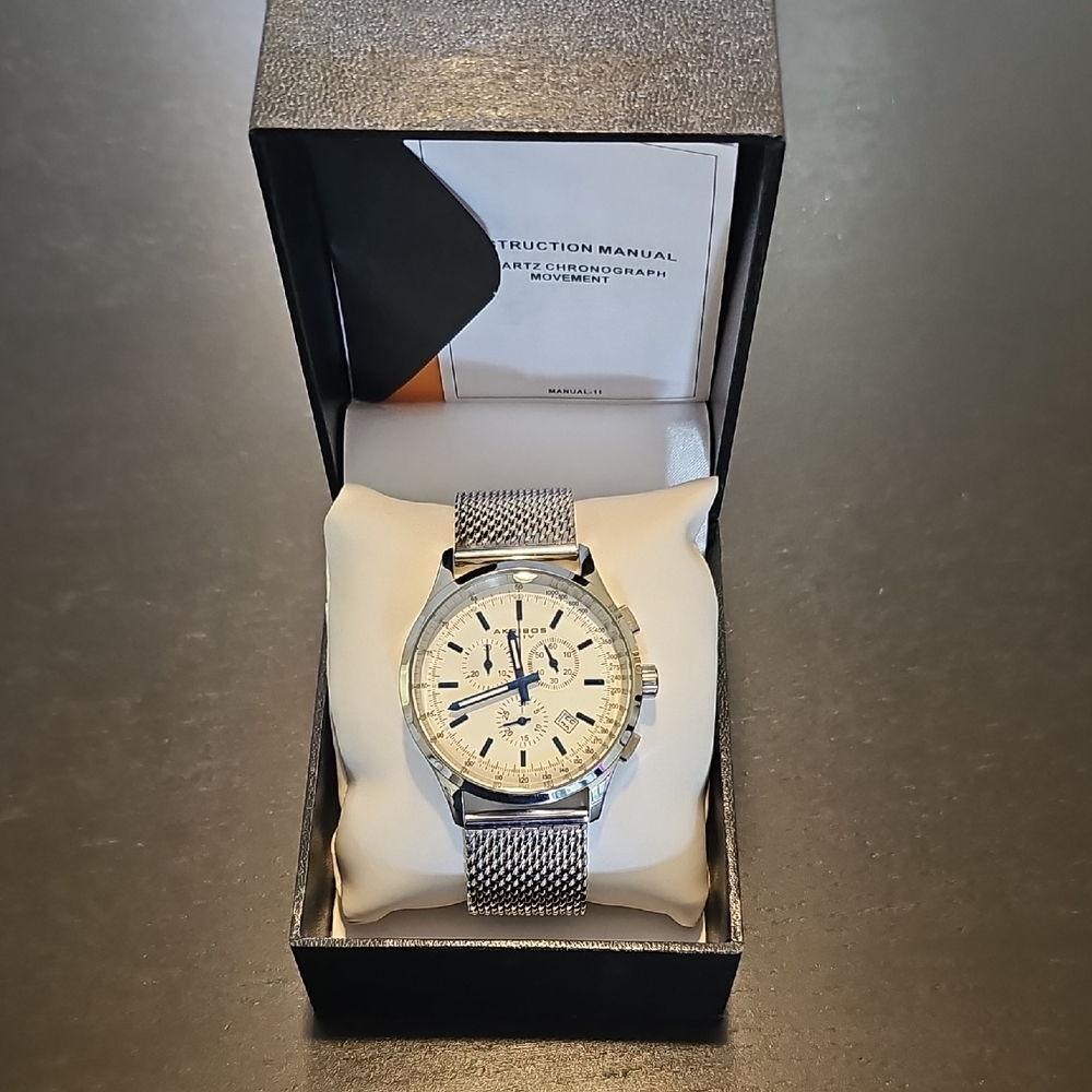 New! Akribos Silver Chronograph Watch with Mesh Band